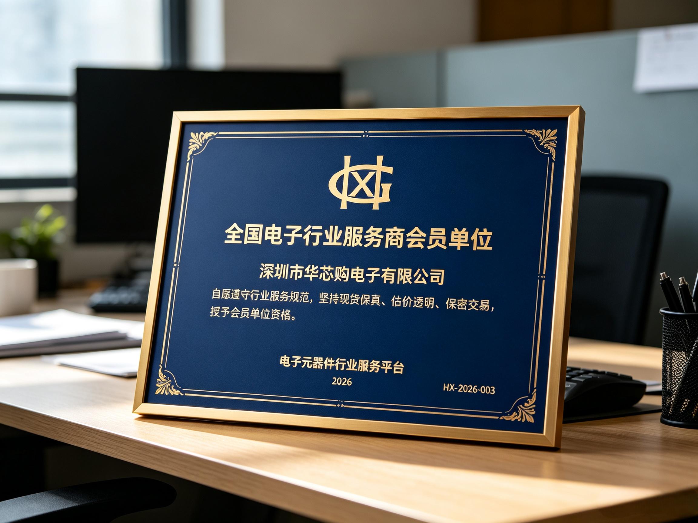 华芯购电子全国电子行业服务商会员单位牌匾图片