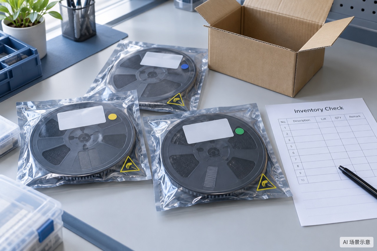 AI-generated illustration of separately packed component reels and a blank inventory checklist