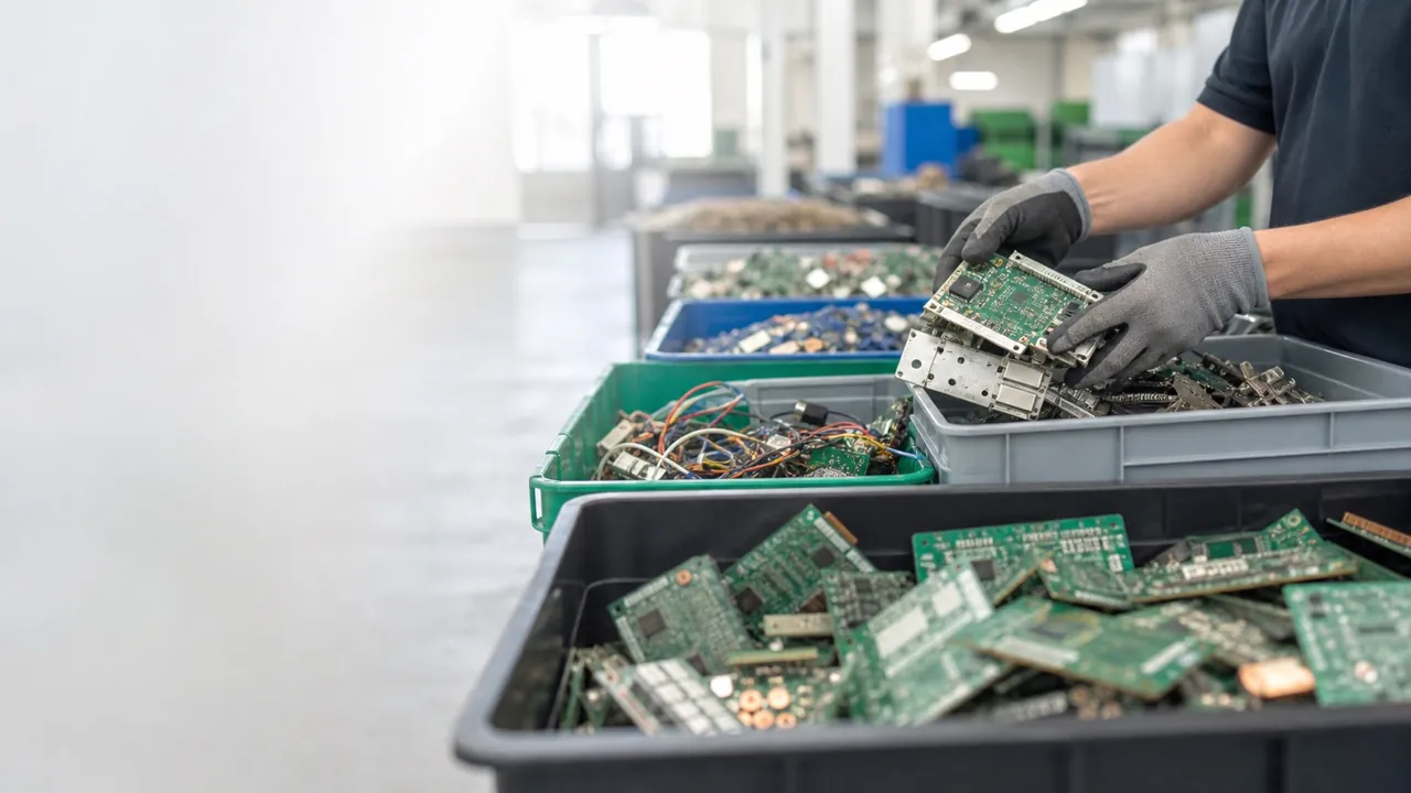 工作人员分类整理PCB线路板与电子废料